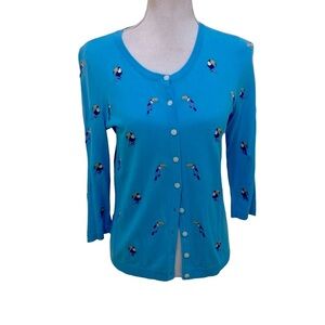 Talbots turquoise pima cotton button down cardigan embroidered toucan birds MP